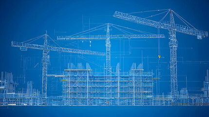 Blue Blueprint Style Construction Site With Cranes Building and Cityscape
