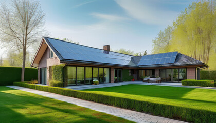 suburban house with solar panels in spring, sun beams, wide shots of home gardens, lawns, yards, decks, hedges, trees, architect idea, concept, photovoltaic, pv plant system