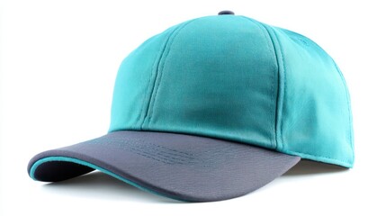 Fototapeta premium A turquoise snapback hat with a contrast-colored brim and snap closure, isolated on a white background
