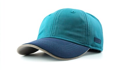 Fototapeta premium A turquoise snapback hat with a contrast-colored brim and snap closure, isolated on a white background