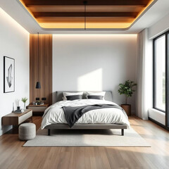 Modern luxury bedroom interior in minimal scandinavian style