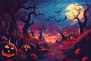 Halloween background with pumpkins and haunted castle in the fog.