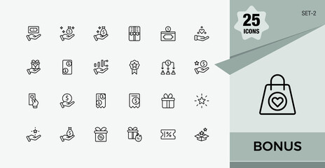 Bonus icons set. Contains linear outline icons like rewar5d, offer, incentive, discount, hand and more. Vector icons editable stroke. Set-2