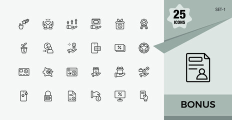 Bonus icons set. Contains linear outline icons like redemption, special, discount, hand and more. Vector icons editable stroke. Set-1