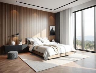 Modern luxury bedroom interior in minimal scandinavian style