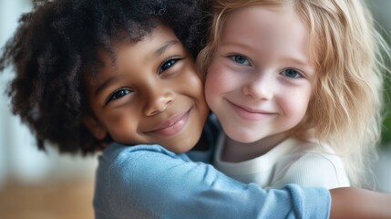Children share a joyful hug in a cozy indoor setting during daylight hours showcasing friendship and affection