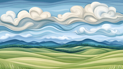 Obraz premium Rolling green hills and blue mountains under cloudy sky create serene landscape