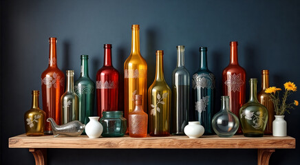 A collection of colorful glass bottles displayed on a wooden bench against a dark background. The assortment includes various shapes and sizes with intricate designs.