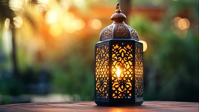 Illuminated Moroccan Lantern at Dusk: Outdoor Ambiance