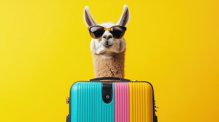 Llama wearing sunglasses poses with colorful suitcase against bright yellow background, adding a playful touch to travel adventures