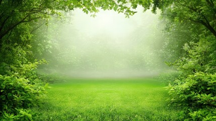 Obraz premium Misty forest, enchanting green landscape with foggy sky and mysterious trees misty