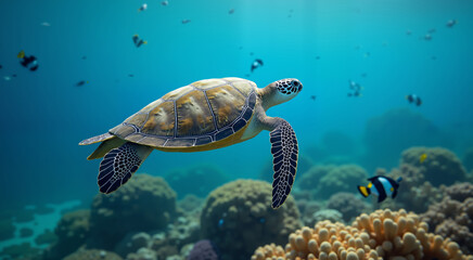 Obraz premium A sea turtle swims gracefully over a vibrant coral reef. The underwater scene captures the beauty of marine life and the ocean's ecosystem.