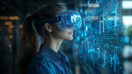 Exploring virtual reality technology a woman engaging with digital data in a futuristic urban environment for immersive learning and interaction