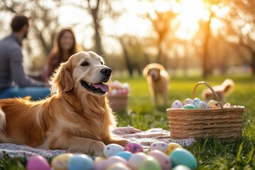 Serene Easter evening with a family picnic, colorful eggs, and warm sunset hues