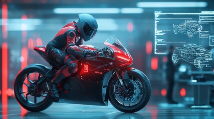Obraz premium Futuristic motorcycle racing competition urban setting digital art high-tech environment close-up viewpoint innovation and speed