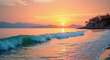 Obraz premium Beautiful sunset over a calm sea with gentle waves. The warm colors of the sky create a serene atmosphere.