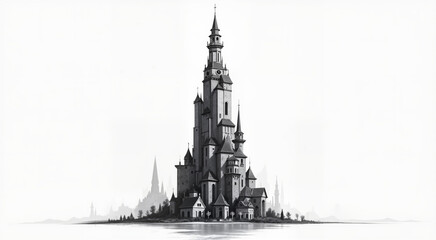 Obraz premium Majestic Gothic Tower Illustration. Elegant sketch of a tall, intricate spire structure.