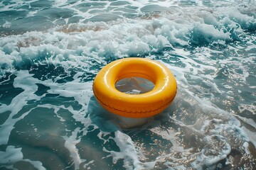 Obraz premium Red lifebuoy on the beach with splashes of water.