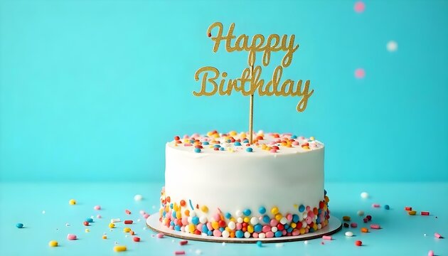 Una toma de estudio muestra un pastel blanco glaseado adornado con chispitas de colores, rematado con un cartel de "Feliz cumplea&ntilde;os" en l&aacute;mina dorada, sobre un fondo azul claro