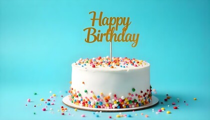 Una toma de estudio muestra un pastel blanco glaseado adornado con chispitas de colores, rematado con un cartel de "Feliz cumpleaños" en lámina dorada, sobre un fondo azul claro