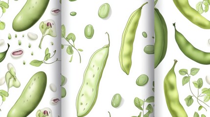Beautiful Green Beans and Pods Botanical Illustration Seamless Pattern