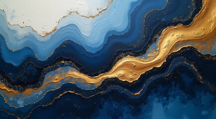 Abstract art featuring blue and gold marble texture. Captivating fluid art with glittering accents and dynamic layers.