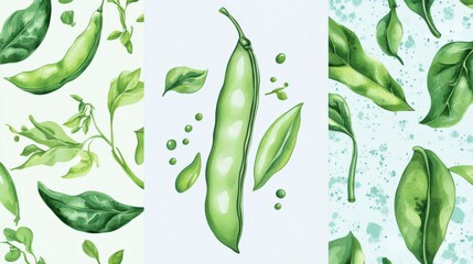 Fresh Green Pea Pods and Leaves Watercolor Illustration