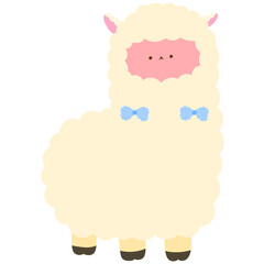 fluffy alpaca with cute bows, charming farm animal flat vector illustration