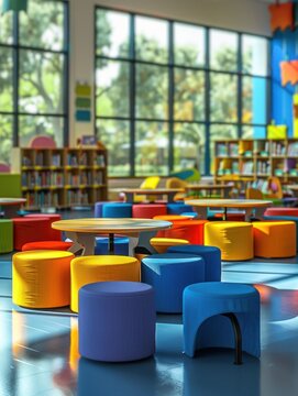 Bright classroom with diverse learning stations and vibrant seating fosters student interaction and collaboration