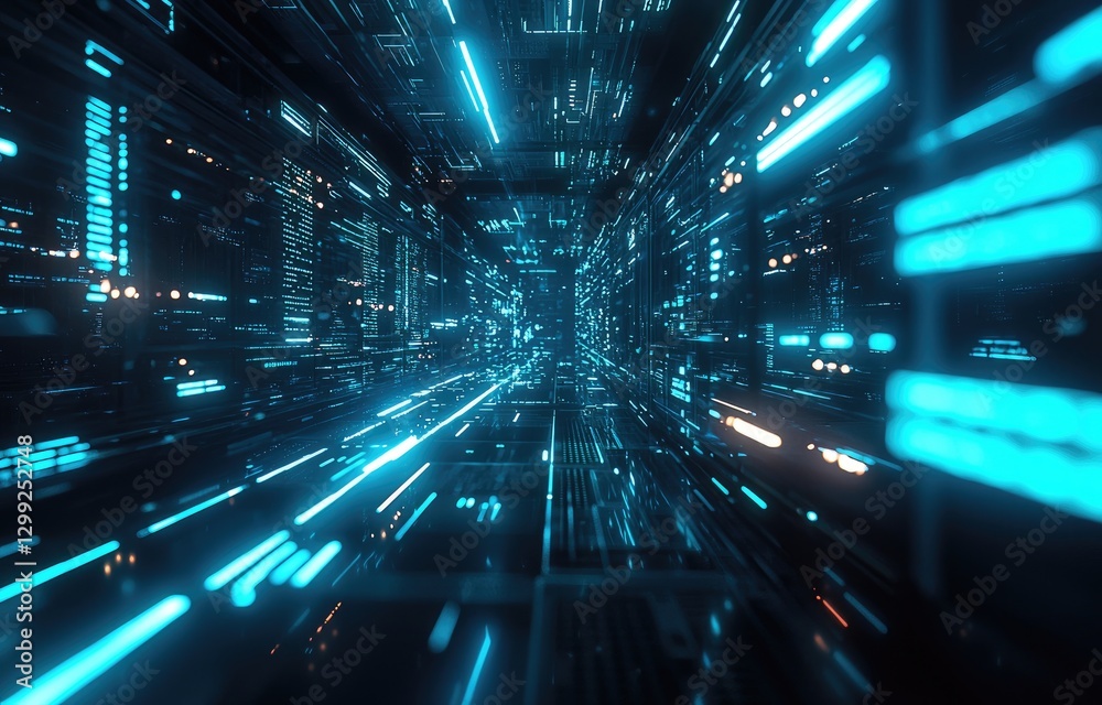 Aufkleber futuristic data center corridor with glowing blue lights, advanced digital circuits, and cyber netwo