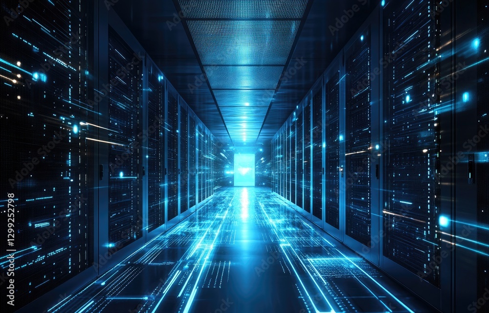 Poster futuristic data center with glowing blue lights, advanced server racks, and a digital cyber grid eff