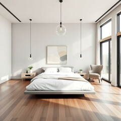 Modern luxury bedroom interior in minimal scandinavian style