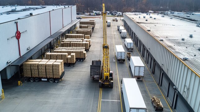 An aerial view of an industrial site with a crane loading multiple boxes onto the truck platform below.