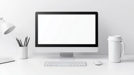 Boost productivity, workspace setup with computer and coffee. enhance your workflow