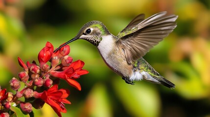 Tiny Hummingbird hovering beside a red flower its iridescent green feathers shimmering in the sunlight wings a blur as it sips nectar