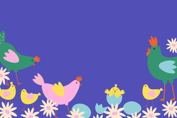 Vector Paschal cute banner with chickens, eggs, flower, bird nest for text. Design border for Easter, spring Christian motif in flat style. Hand drawn coloured festive card for web, print
