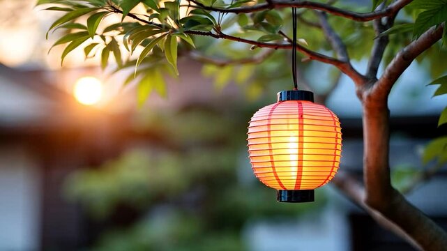 A glowing red lantern hanging from a tree branch during sunset, casting warm light in a serene garden
