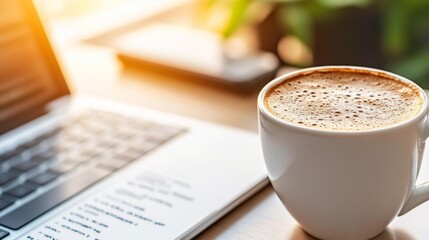 Coffee Cup on Laptop Morning Work Inspiration with Sunlight. Generative AI