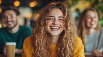 Group of friends laughing and enjoying coffee in a lively cafe atmosphere. Generative AI