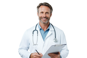 Freundlicher Arzt mit Klemmbrett und Stethoskop – PNG mit transparentem Hintergrund


