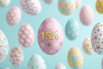 Fototapeta premium Modern Easter discount template with soft pastel colors and a glowing 15% offer