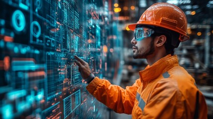 Engineer Interacting with Advanced Holographic Display in a Futuristic Industrial Setting, Analyzing Complex Data for Operational Efficiency.