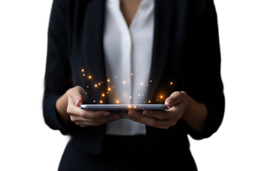 Businessfrau mit Tablet und leuchtenden Partikeln – PNG mit transparentem Hintergrund

