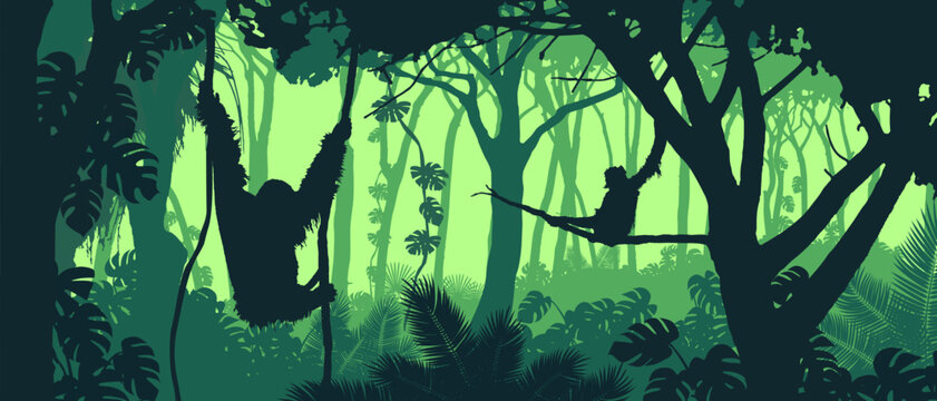Beautiful vector landscape of a rainforest jungle with orangutan monkeys and lush foliage in green colors.