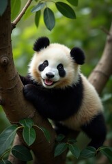 Fototapeta premium Playful panda cub climbing a tree, surrounded by lush green foliage, exuding charm and curiosity in its natural habitat.