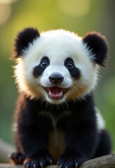 Obraz premium Adorable baby panda sitting cheerfully, showcasing its playful nature in a vibrant natural setting.