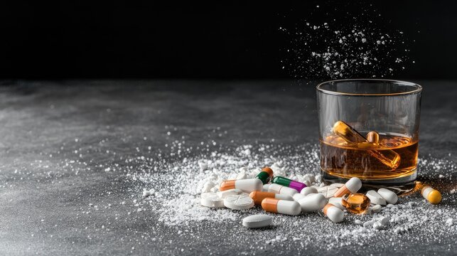 Pills, whiskey, powder on dark surface; substance abuse concept