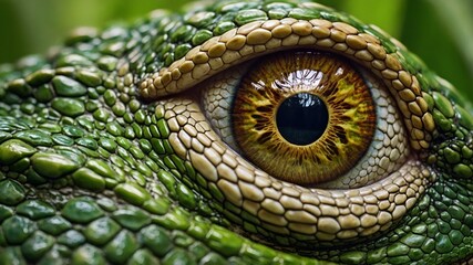 Fototapeta premium Close-up of a reptile's eye. Showcasing its intricate green and yellow pattern around. photorealistic, alligator, eye, reptile, wildlife, nature. 