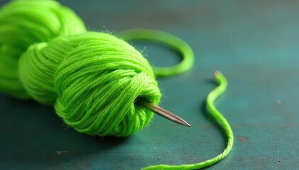 Skein of bright green yarn with metal knitting needles , yarn, wool, hobby