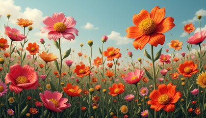 Fototapeta premium Vibrant flower field filled with colorful blooms under a bright blue sky and fluffy clouds